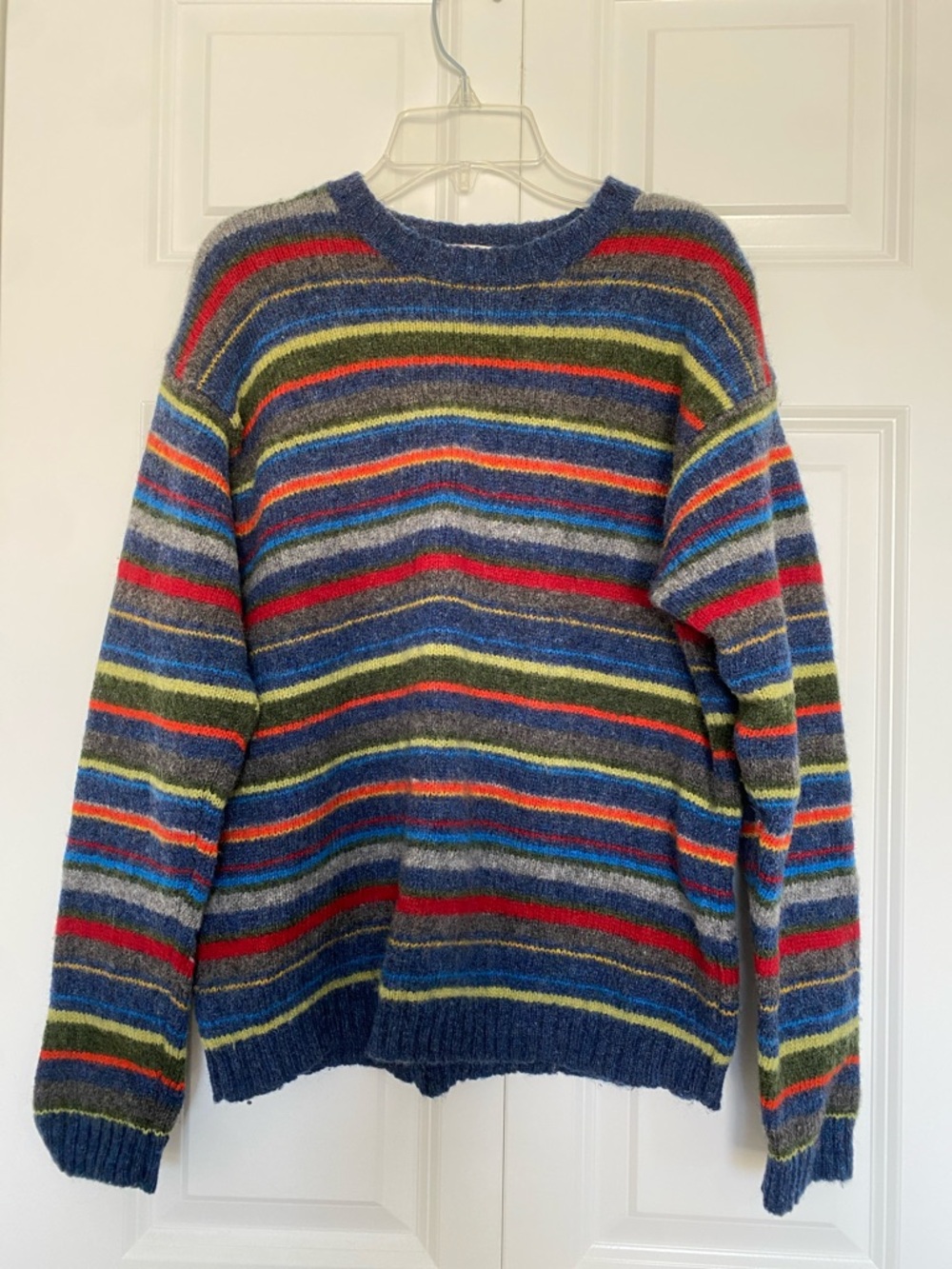 J. Crew Multicolor Striped Wool Crewneck Sweater - Blue, Red, Green, Gray